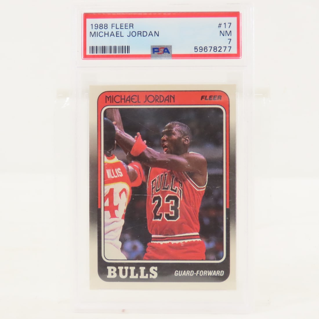 1988 Fleer Michael Jordan #17 PSA 7 NM: 1988 Fleer Michael Jordan #17 PSA 7 NM - Lot Size 5.5x3.5x.5" 1 LB All information and photos are intended to be as accurate as possible, but errors are possible. No item may be returned or refused