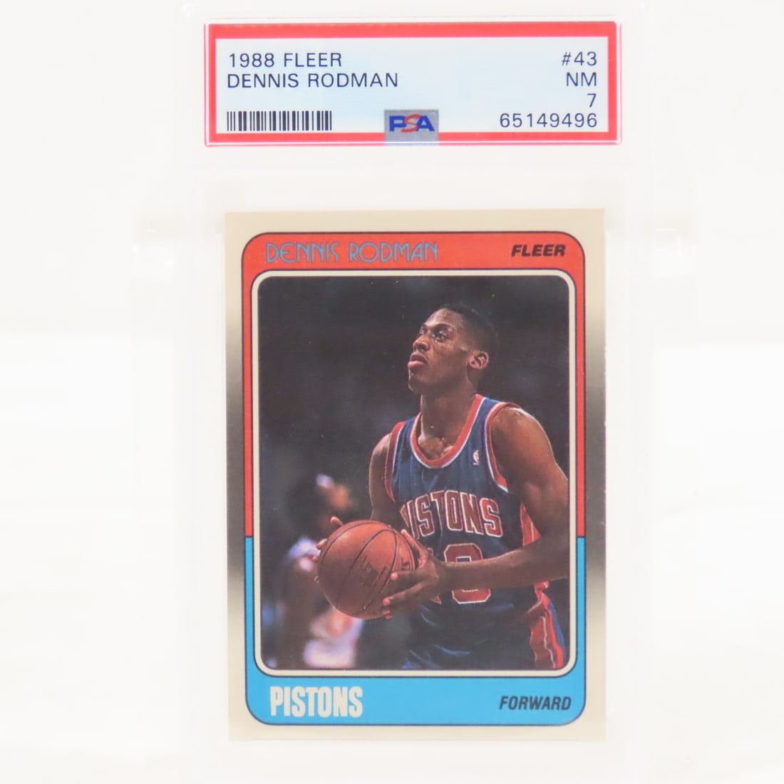 1988 Fleer Dennis Rodman #43 PSA 7 NM Rookie: 1988 Fleer Dennis Rodman #43 PSA 7 NM Rookie - Lot Size 5.5x3.5x.5" 1 LB All information and photos are intended to be as accurate as possible, but errors are possible. No item may be returned or