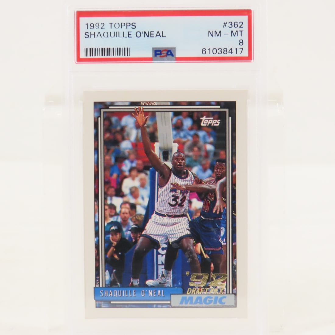 1992 Topps Shaquille O'Neal #362 PSA 8 NM-MT RC: 1992 Topps Shaquille O'Neal #362 PSA 8 NM-MT RC - Lot Size 5.5x3.5x.5" 1 LB All information and photos are intended to be as accurate as possible, but errors are possible. No item may be returned or