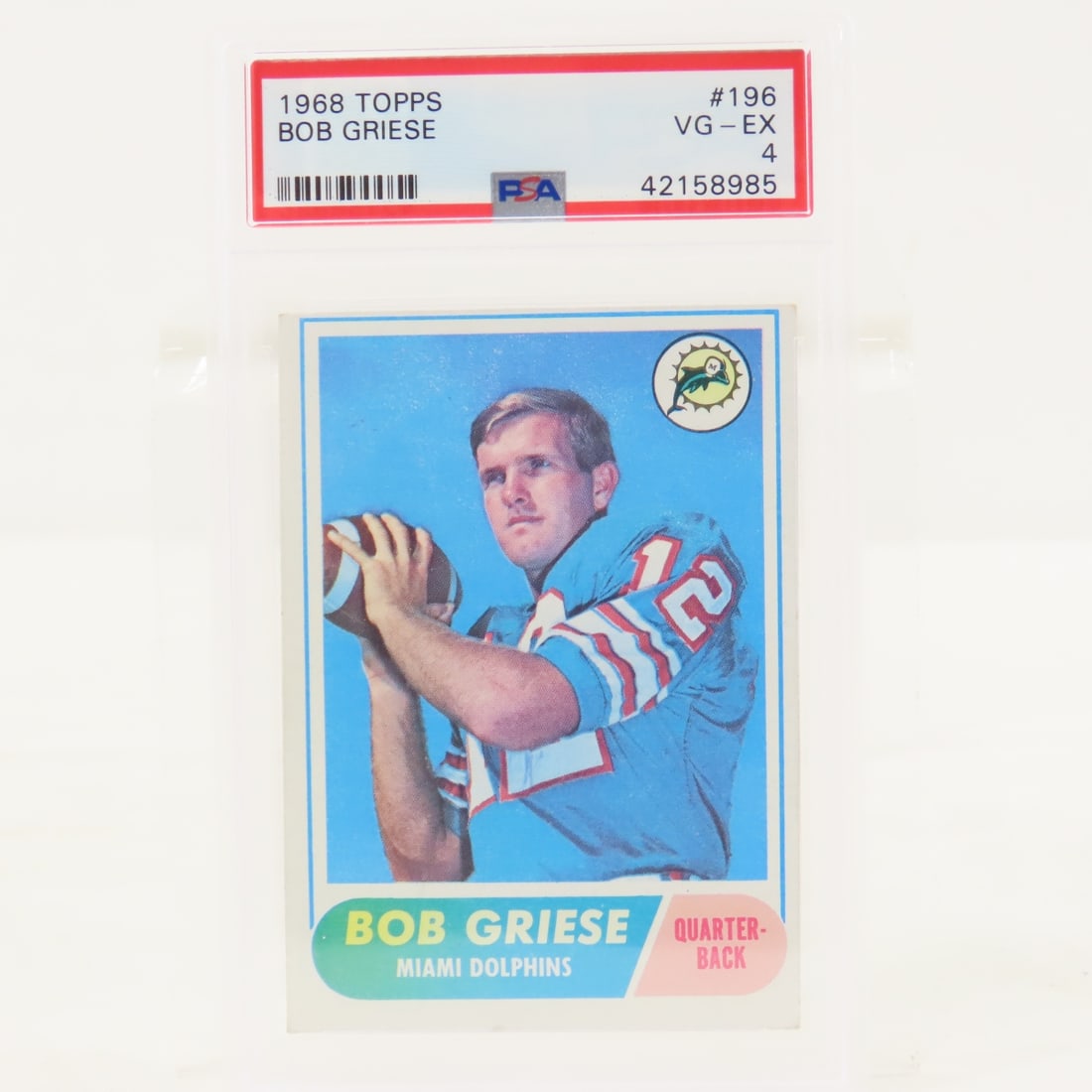 1968 Topps Bob Griese #196 PSA 4 VG-EX Rookie: 1968 Topps Bob Griese #196 PSA 4 VG-EX Rookie - Lot Size 5.5x3.5x.5" 1 LB All information and photos are intended to be as accurate as possible, but errors are possible. No item may be returned or