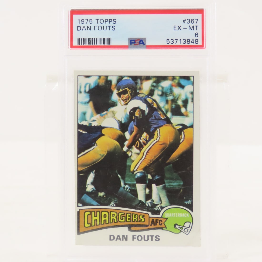 1975 Topps Dan Fouts #367 PSA 6 EX-MT Rookie: 1975 Topps Dan Fouts #367 PSA 6 EX-MT Rookie - Lot Size 5.5x3.5x.5" 1 LB All information and photos are intended to be as accurate as possible, but errors are possible. No item may be returned or