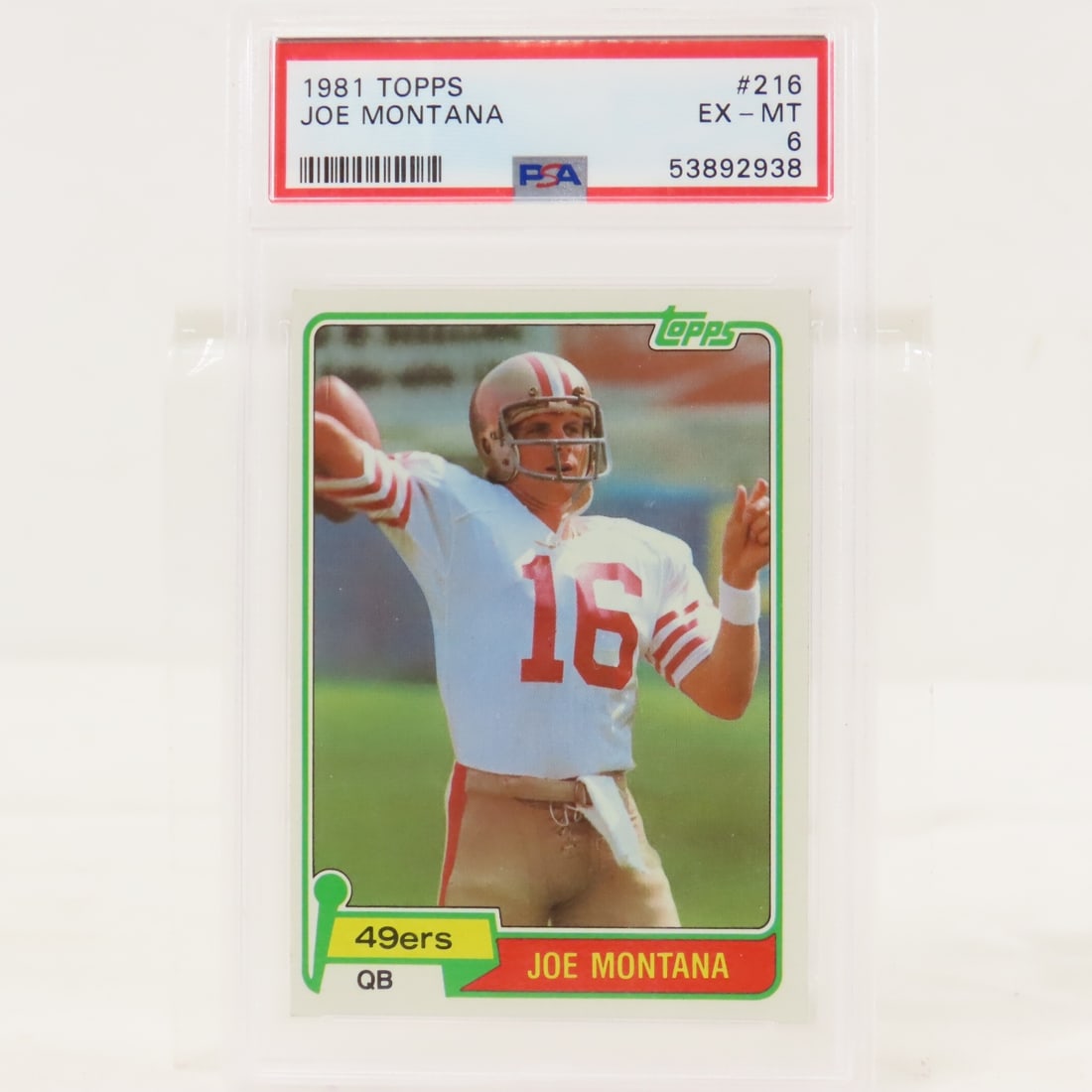 1981 Topps Joe Montana #216 PSA 6 EX-MT: 1981 Topps Joe Montana #216 PSA 6 EX-MT - Lot Size 5.5x3.5x.5" 1 LB All information and photos are intended to be as accurate as possible, but errors are possible. No item may be returned or refused