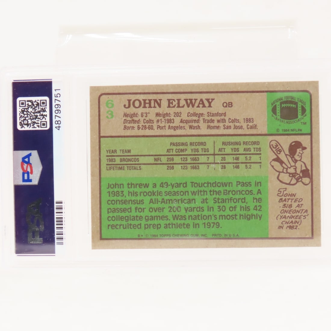 1984 Topps John Elway #63 PSA 8 NM-MT Rookie - 3