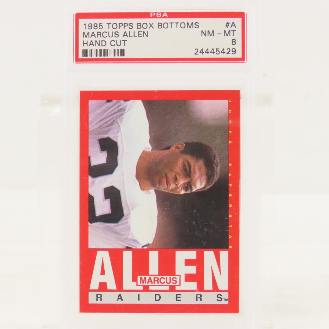1985 Topps Box Bottoms Marcus Allen #A PSA 8 NM-MT: 1985 Topps Box Bottoms Marcus Allen #A PSA 8 NM-MT - Lot Size 5.5x3.5x.5" 1 LB All information and photos are intended to be as accurate as possible, but errors are possible. No item may be returned
