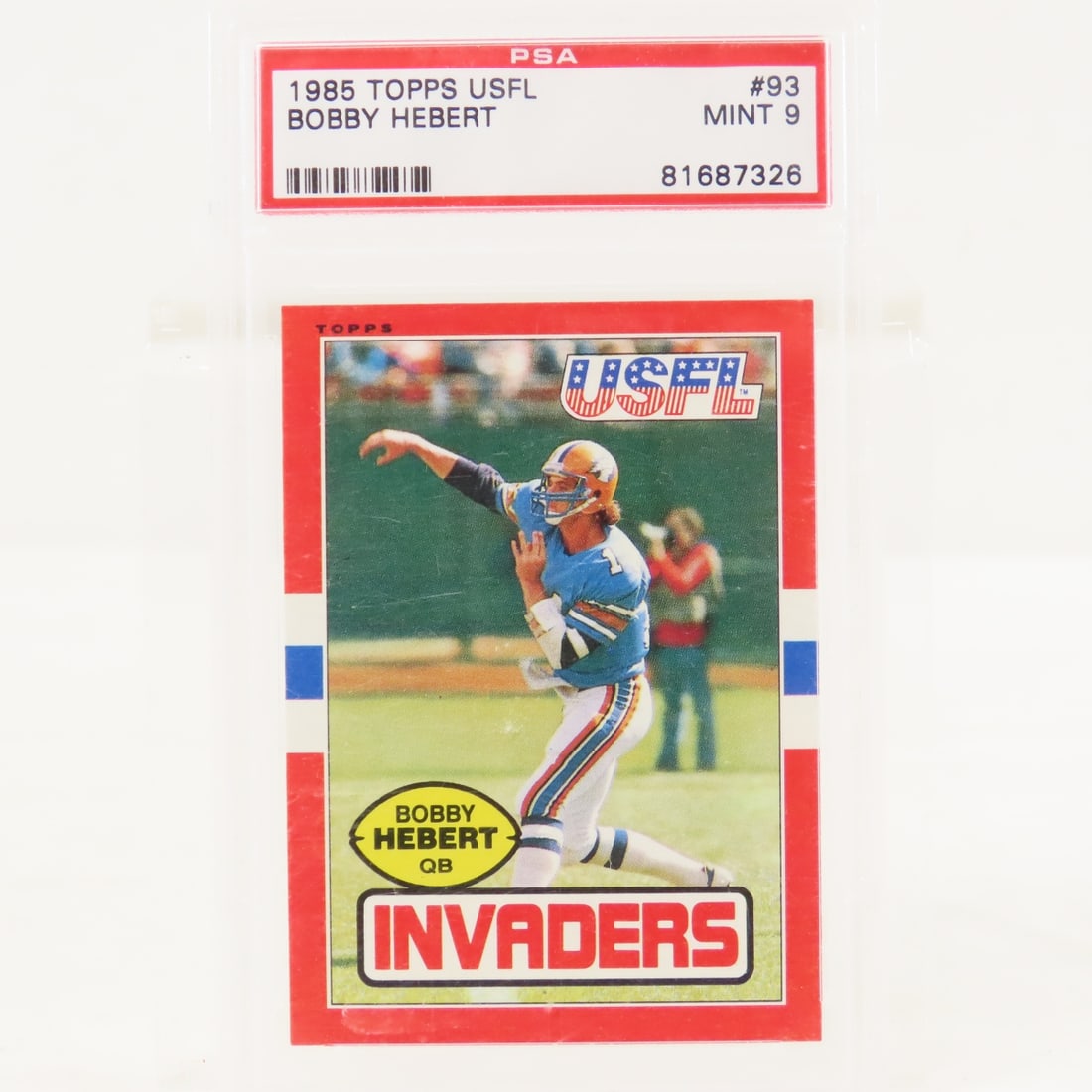 1985 Topps USFL Bobby Hebert #93 PSA 9 Mint: 1985 Topps USFL Bobby Hebert #93 PSA 9 Mint - Lot Size 5.5x3.5x.5" 1 LB All information and photos are intended to be as accurate as possible, but errors are possible. No item may be returned or