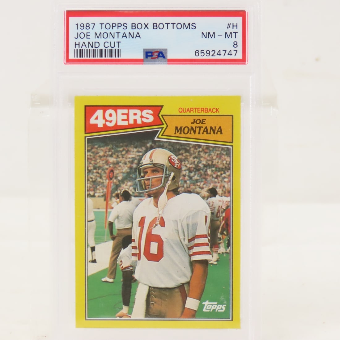 1987 Topps Box Bottoms Joe Montana #H PSA 8 NM-MT: 1987 Topps Box Bottoms Joe Montana #H PSA 8 NM-MT - Lot Size 5.5x3.5x.5" 1 LB All information and photos are intended to be as accurate as possible, but errors are possible. No item may be returned