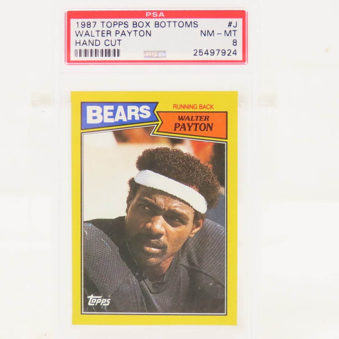 1987 Topps Box Bottoms Walter Payton #J PSA 8 NM-M: 1987 Topps Box Bottoms Walter Payton #J PSA 8 NM-M - Lot Size 5.5x3.5x.5" 1 LB All information and photos are intended to be as accurate as possible, but errors are possible. No item may be returned