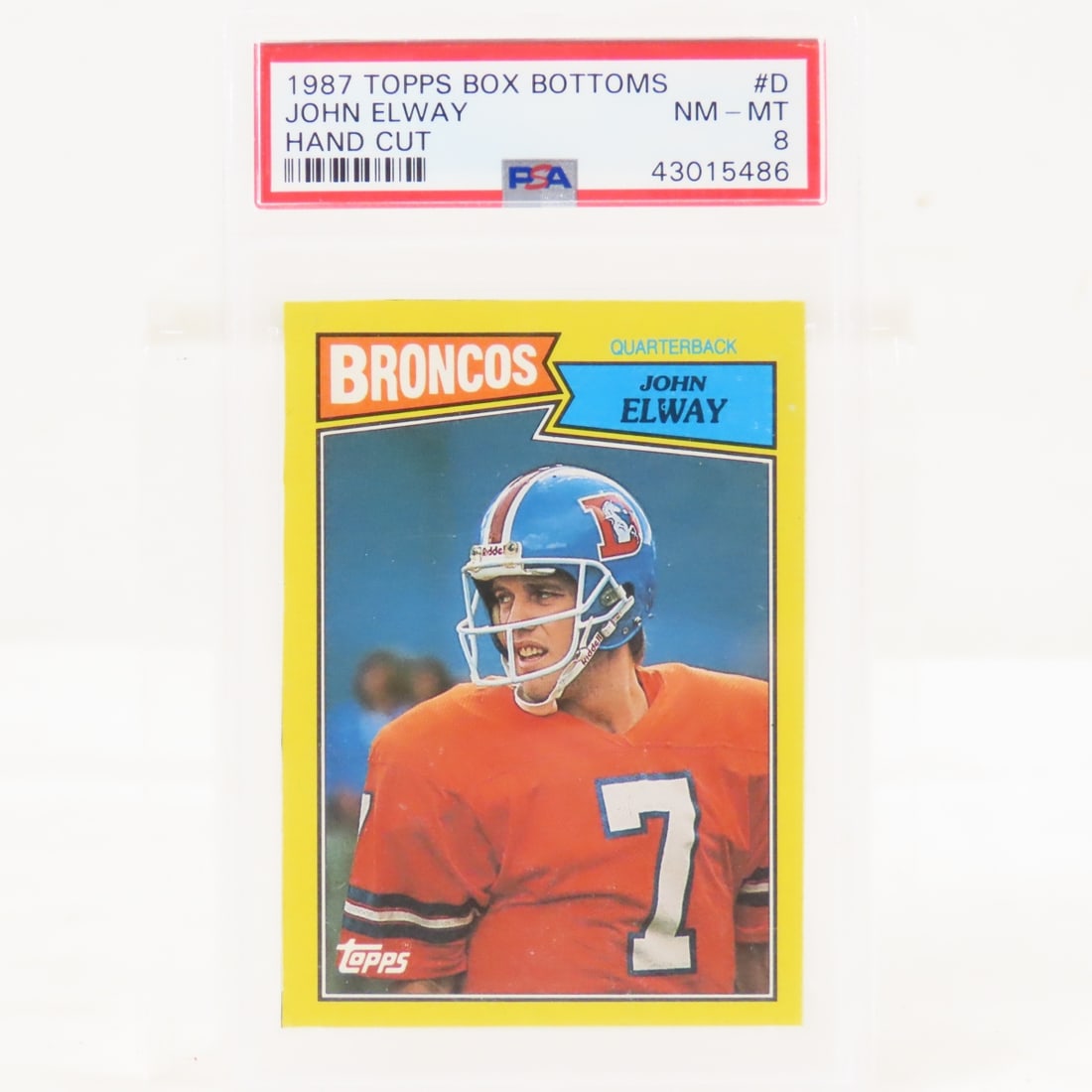 1987 Topps Box Bottoms John Elway #D PSA 8 NM-MT: 1987 Topps Box Bottoms John Elway #D PSA 8 NM-MT - Lot Size 5.5x3.5x.5" 1 LB All information and photos are intended to be as accurate as possible, but errors are possible. No item may be returned or 