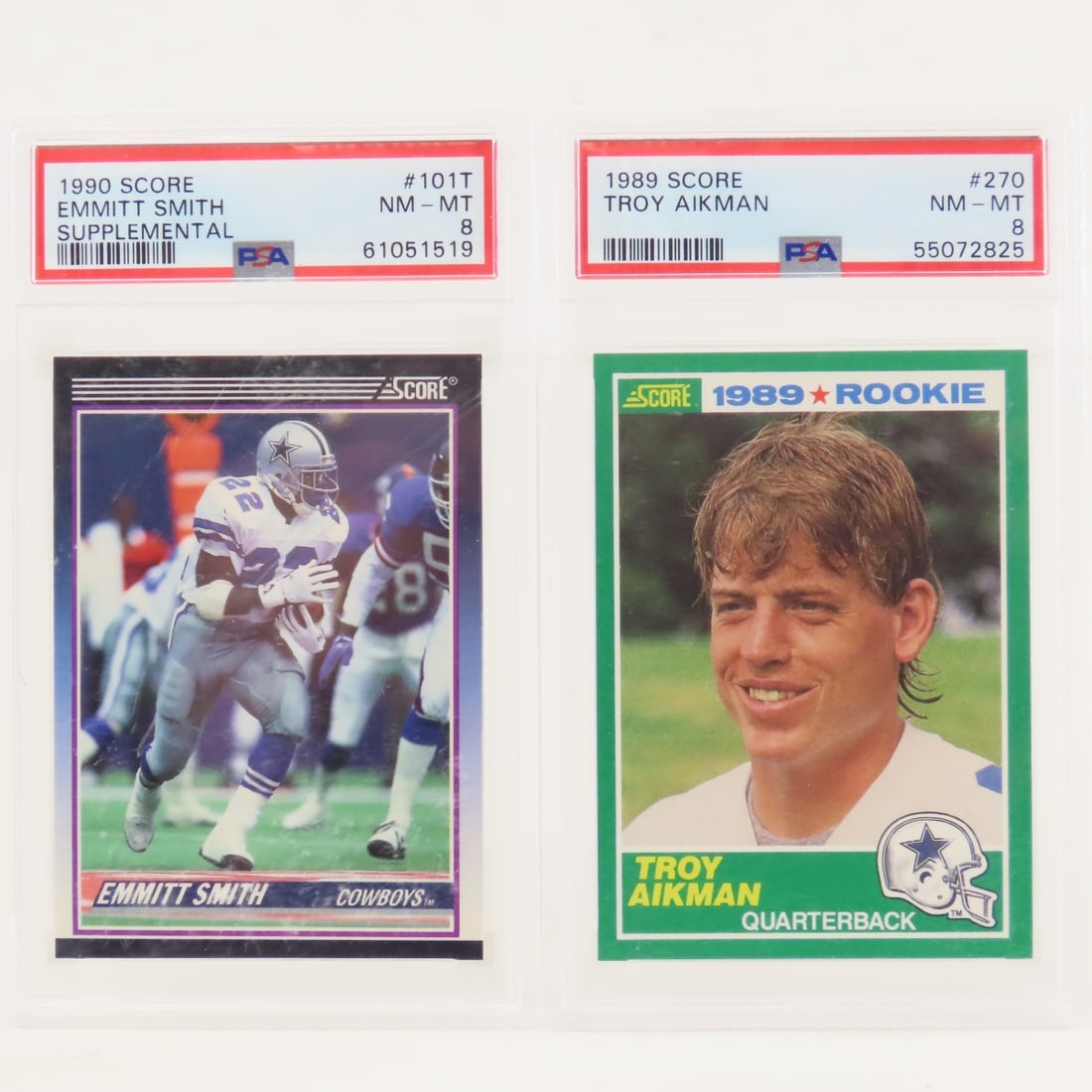 1989 Troy Aikman & 1990 Emmitt Smith Cards PSA 8: 1989 Troy Aikman & 1990 Emmitt Smith Cards PSA 8 - 1990 Score Emmitt Smith Supplemental #101T PSA 8 NM-MT, 1989 Score Troy Aikman #270 PSA 8 NM-MT. Lot Size 5.5x3.5x1" 1 LB All information and photos