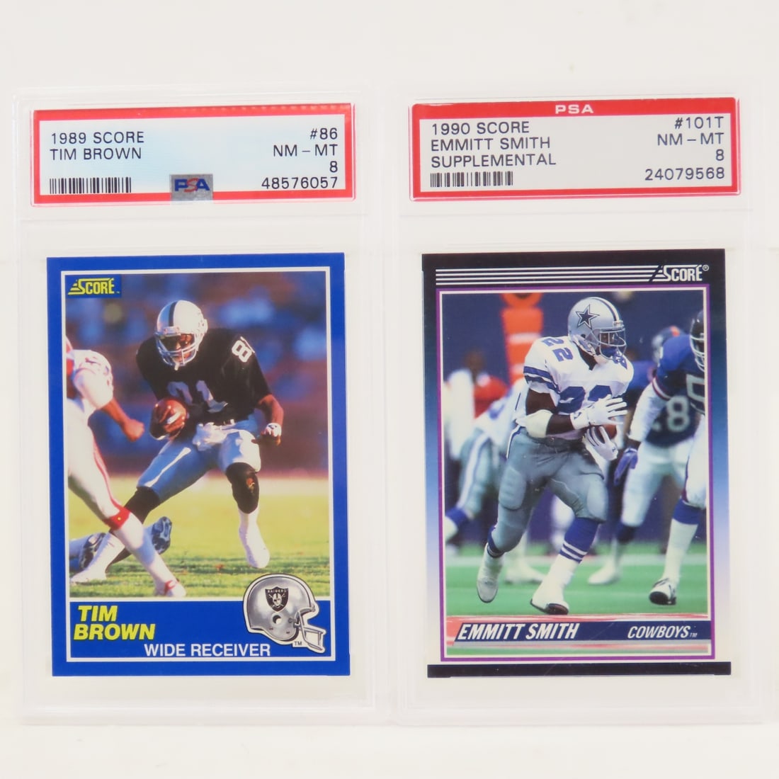 1989 Tim Brown & 1990 Emmitt Smith Cards PSA 8: 1989 Tim Brown & 1990 Emmitt Smith Cards PSA 8 - 1990 Score Emmitt Smith Supplemental #101T PSA 8 NM-MT, 1989 Score Tim Brown #86 PSA 8 NM-MT. Lot Size 5.5x3.5x1" 1 LB All information and photos are