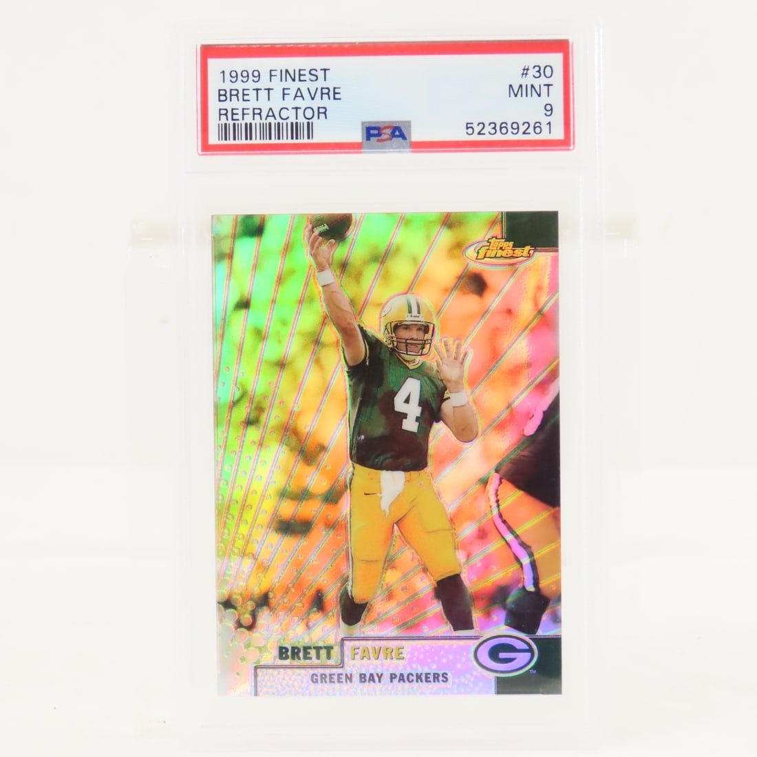 1999 Finest Brett Favre Refractor #30 PSA 9 Mint: 1999 Finest Brett Favre Refractor #30 PSA 9 Mint - Lot Size 5.5x3.5x1" 1 LB All information and photos are intended to be as accurate as possible, but errors are possible. No item may be returned or