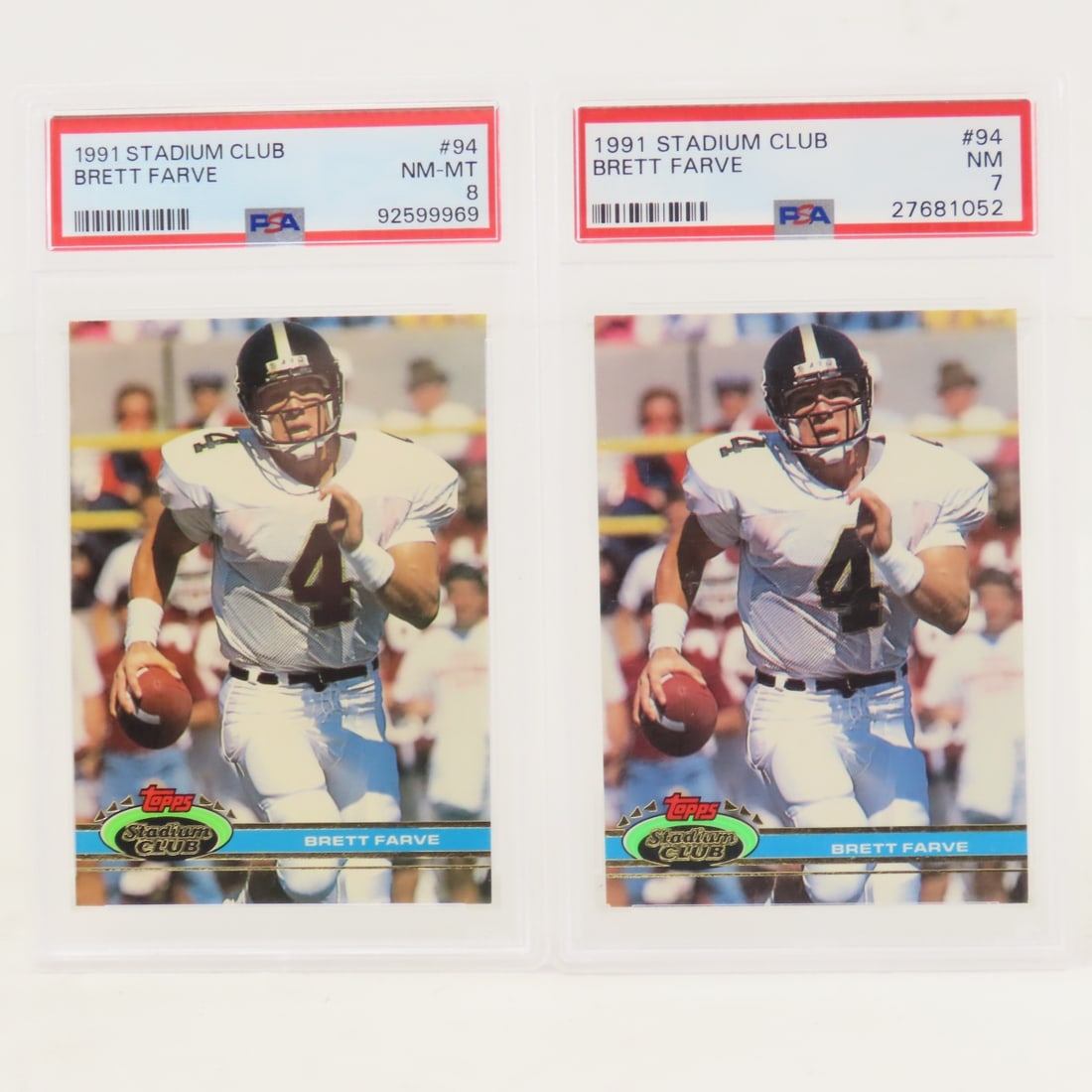 1991 Stadium Club Brett Favre #94 Rookie PSA 8 & 7: 1991 Stadium Club Brett Favre #94 Rookie PSA 8 & 7 - Lot Size 5.5x3.5x1" 1 LB All information and photos are intended to be as accurate as possible, but errors are possible. No item may be returned