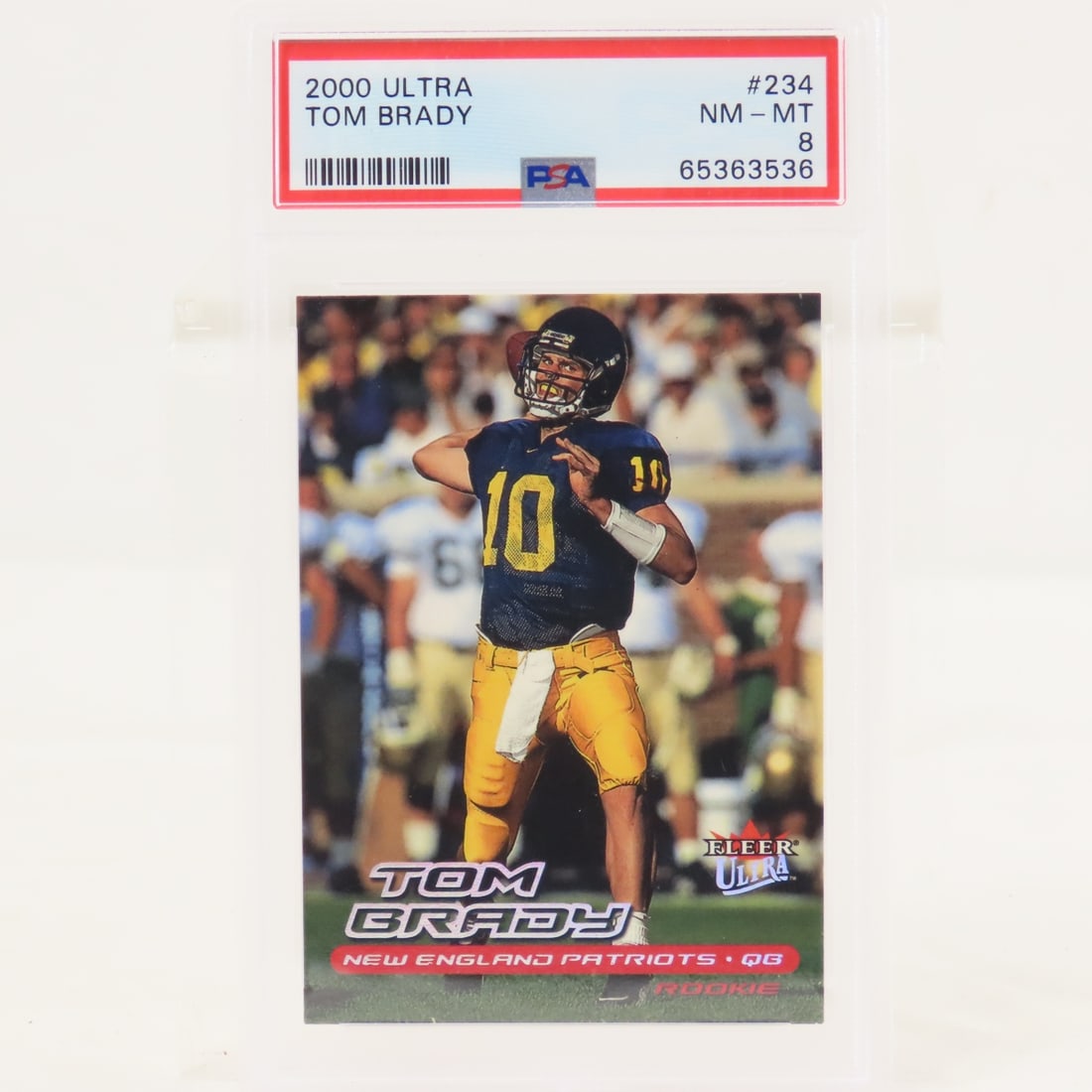 2000 Fleer Ultra Tom Brady #234 PSA 8 NM-MT Rookie: 2000 Fleer Ultra Tom Brady #234 PSA 8 NM-MT Rookie - Lot Size 5.5x3.5x1" 1 LB All information and photos are intended to be as accurate as possible, but errors are possible. No item may be returned