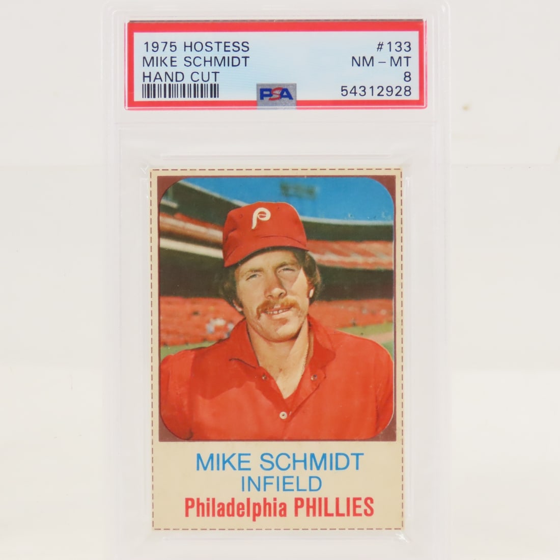 1975 Hostess Mike Schmidt #133 PSA 8 NM-MT: 1975 Hostess Mike Schmidt #133 PSA 8 NM-MT - Lot Size 5.5x3.5x2" 1 LB All information and photos are intended to be as accurate as possible, but errors are possible. No item may be returned or