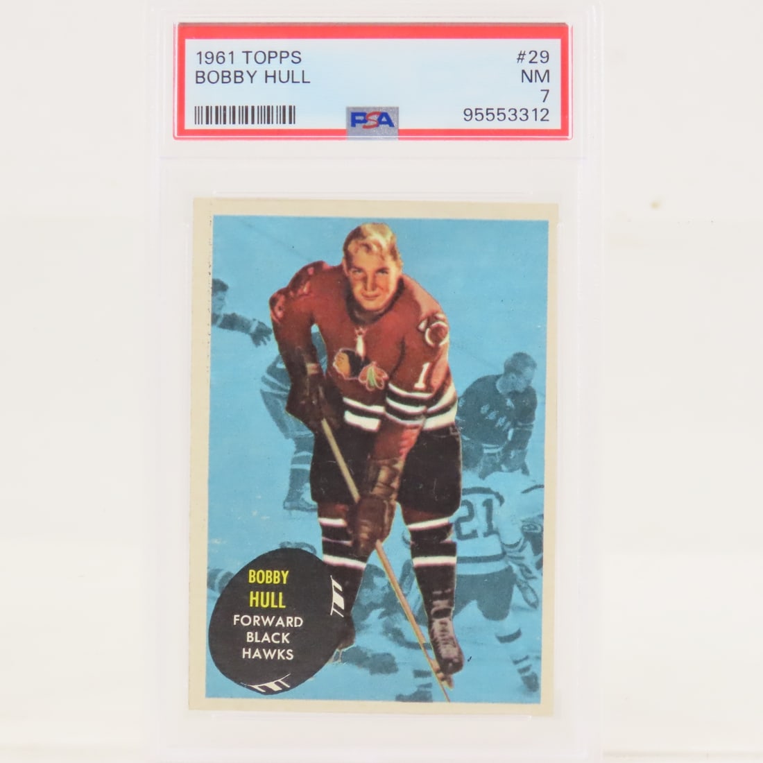 1961 Topps Bobby Hull #29 PSA 7 NM: 1961 Topps Bobby Hull #29 PSA 7 NM - Lot Size 5.5x3.5x.5" 1 LB All information and photos are intended to be as accurate as possible, but errors are possible. No item may be returned or refused based 