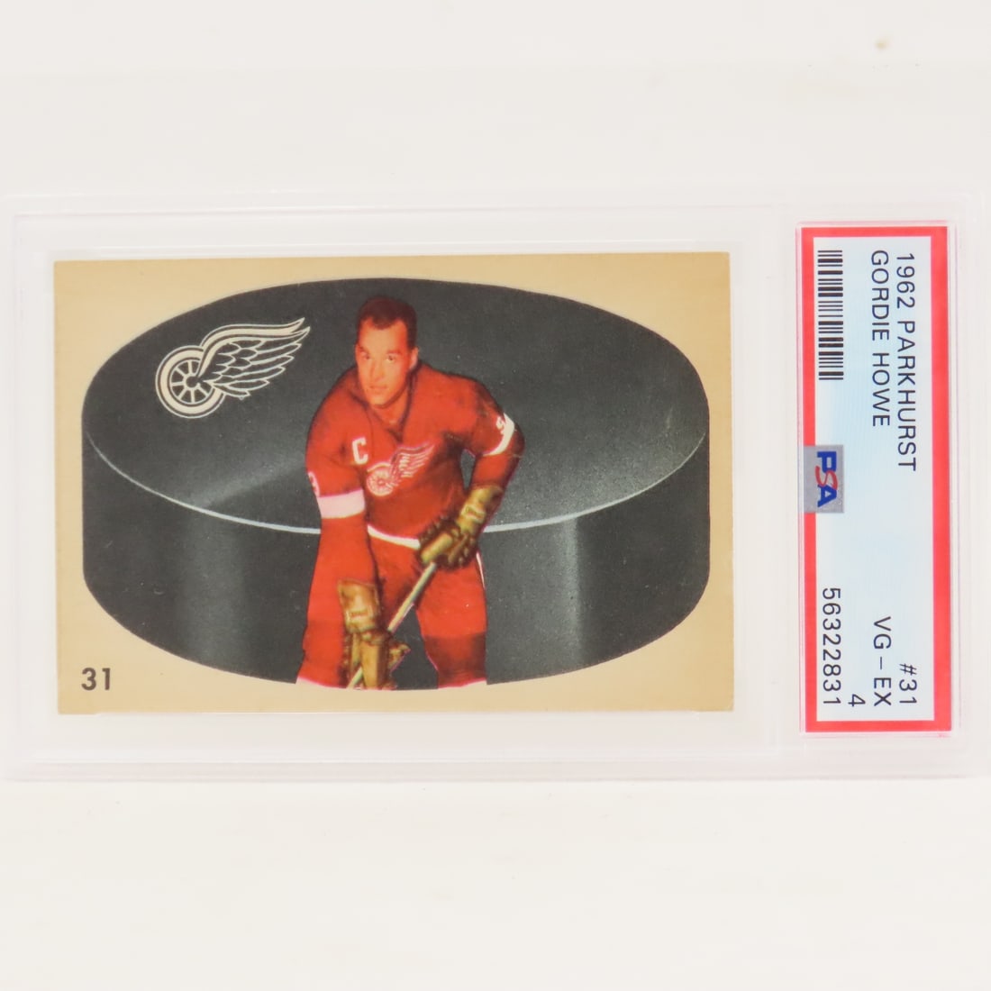 1962 Parkhurst Gordie Howe #31 PSA 4 VG-EX: 1962 Parkhurst Gordie Howe #31 PSA 4 VG-EX - Lot Size 5.5x3.5x.5" 1 LB All information and photos are intended to be as accurate as possible, but errors are possible. No item may be returned or refuse