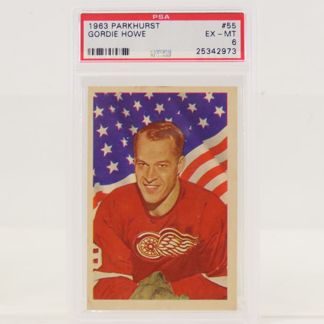 1963 Parkhurst Gordie Howe #55 PSA 6 EX-MT: 1963 Parkhurst Gordie Howe #55 PSA 6 EX-MT - Lot Size 5.5x3.5x.5" 1 LB All information and photos are intended to be as accurate as possible, but errors are possible. No item may be returned or refuse