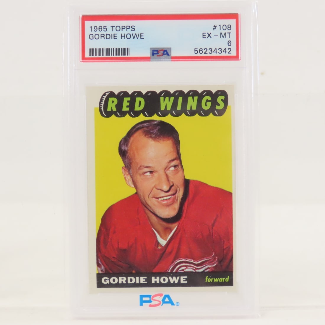 1965 Topps Gordie Howe #108 PSA 6 EX-MT: 1965 Topps Gordie Howe #108 PSA 6 EX-MT - Lot Size 5.5x3.5x.5" 1 LB All information and photos are intended to be as accurate as possible, but errors are possible. No item may be returned or refused