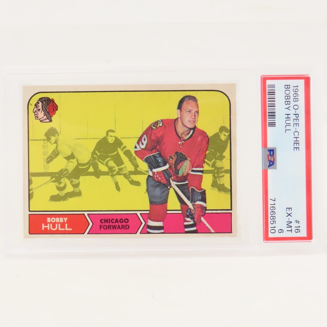 1968 O-PEE-CHEE Bobby Hull #16 PSA 6 EX-MT: 1968 O-PEE-CHEE Bobby Hull #16 PSA 6 EX-MT - Lot Size 5.5x3.5x.5" 1 LB All information and photos are intended to be as accurate as possible, but errors are possible. No item may be returned or