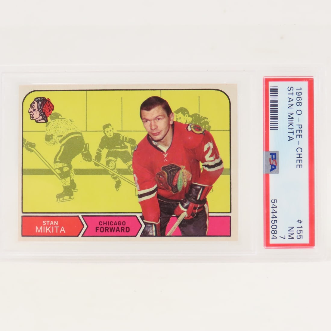 1968 O-PEE-CHEE Stan Mikita #155 PSA 7 NM: 1968 O-PEE-CHEE Stan Mikita #155 PSA 7 NM - Lot Size 5.5x3.5x.5" 1 LB All information and photos are intended to be as accurate as possible, but errors are possible. No item may be returned or