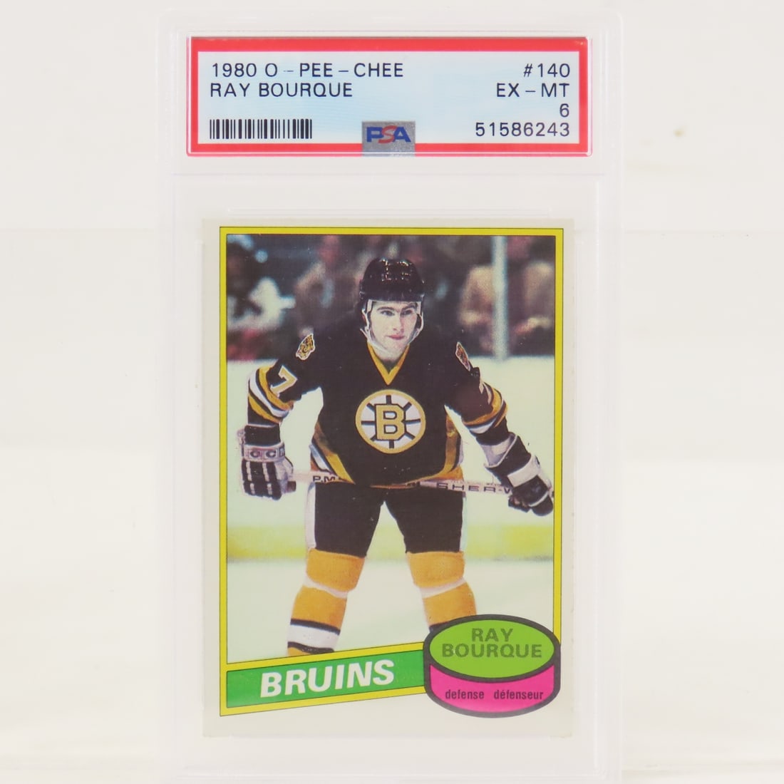 1980 O-PEE-CHEE Ray Bourque #140 PSA 6 EX-MT RC: 1980 O-PEE-CHEE Ray Bourque #140 PSA 6 EX-MT RC - Lot Size 5.5x3.5x.5" 1 LB All information and photos are intended to be as accurate as possible, but errors are possible. No item may be returned or