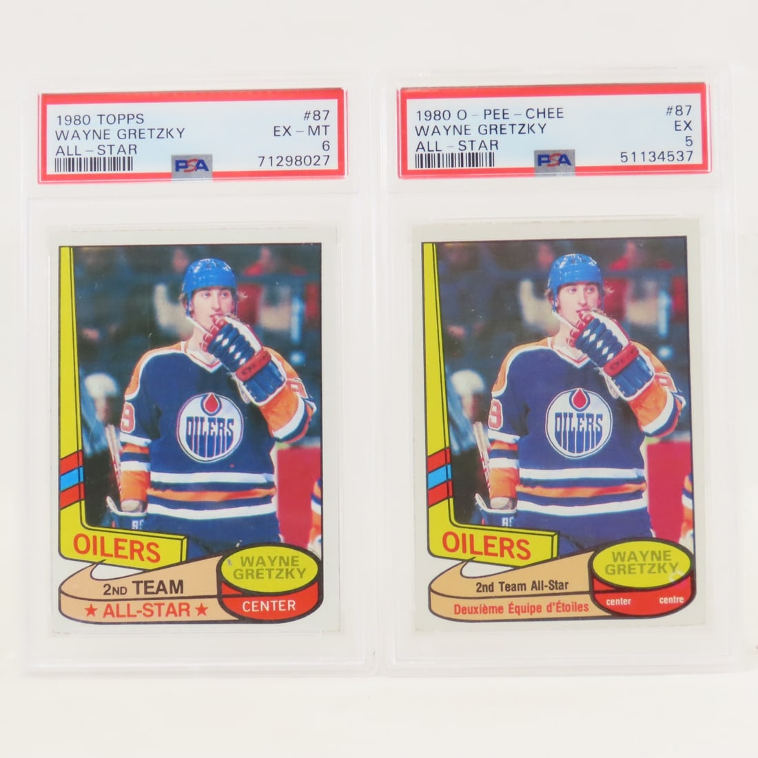 1980 O-PEE-CHEE & Topps Wayne Gretzky PSA Graded: 1980 O-PEE-CHEE & Topps Wayne Gretzky PSA Graded - 1980 O-PEE-CHEE Wayne Gretzky #87 All-Star PSA 5 EX, 1980 Topps Wayne Gretzky #87 All-Star PSA 6 EX-MT. Lot Size 5.5x3.5x.5" 1 LB All information and