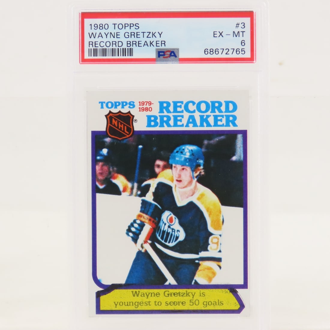 1980 Topps Wayne Gretzky #3 PSA 6 EX-MT: 1980 Topps Wayne Gretzky #3 PSA 6 EX-MT - Record Breaker Lot Size 5.5x3.5x.5" 1 LB All information and photos are intended to be as accurate as possible, but errors are possible. No item may be return