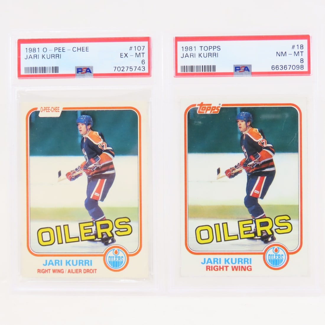 1981 PSA graded O-PEE-CHEE & Topps Jari Kurri RC: 1981 PSA graded O-PEE-CHEE & Topps Jari Kurri RC - 1981 O-PEE-CHEE Jari Kurri #107 PSA 6 EX-MT & 1981 Topps Jari Kurri #18 PSA 8 NM-MT Lot Size 5.5x3.5x1" 1 LB All information and photos are intended 