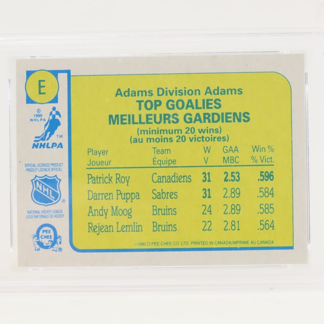 1990 O-PEE-CHEE Box Bottoms Patrick Roy #E PSA 9 - 4