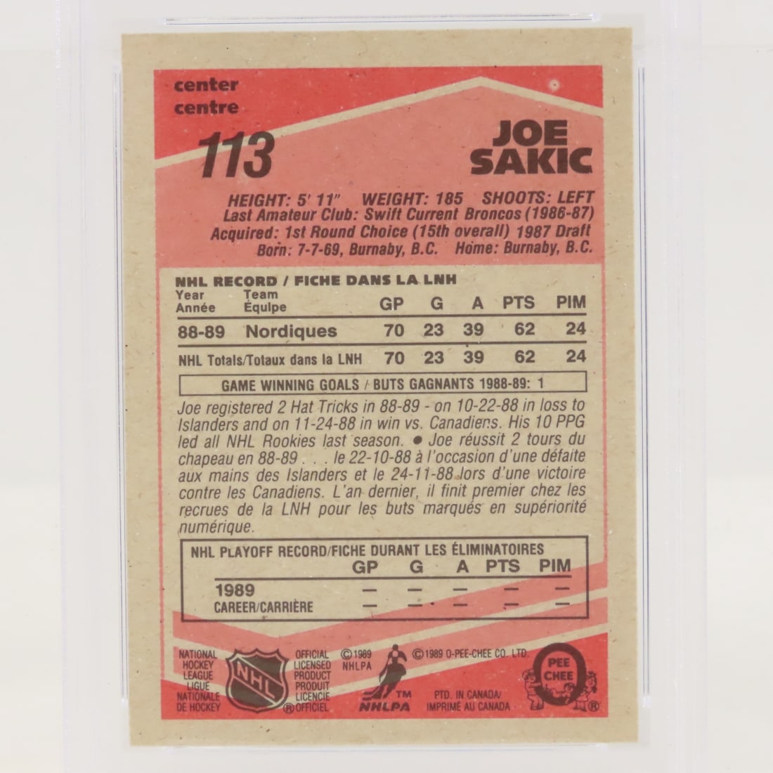 1989 O-PEE-CHEE Joe Sakic #113 PSA 8 & Topps PSA 6 - 5