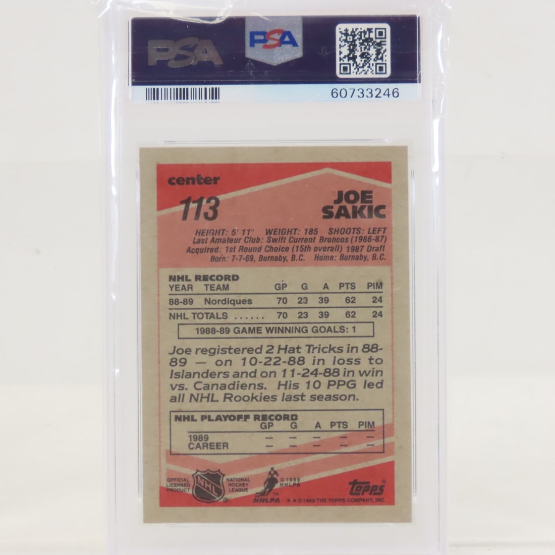 1989 O-PEE-CHEE Joe Sakic #113 PSA 8 & Topps PSA 6 - 8