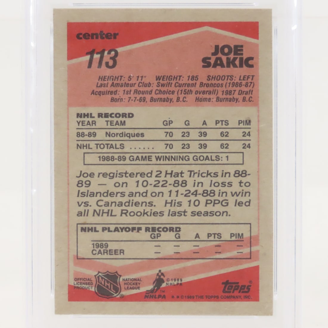 1989 O-PEE-CHEE Joe Sakic #113 PSA 8 & Topps PSA 6 - 9