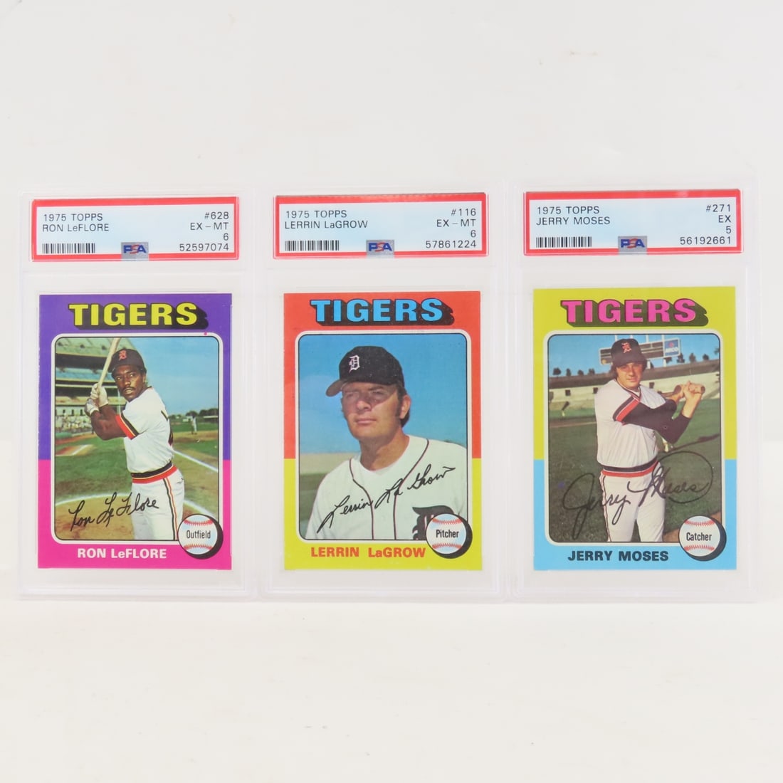 3 1975 Topps Tigers PSA graded Baseball Cards: 3 1975 Topps Tigers PSA graded Baseball Cards - 1975 Topps Ron LeFlore #628 PSA 6 EX-MT Rookie, 1975 Topps Lerrin LaGrow #116 PSA 6 EX-MT, 1975 Topps Jerry Moses #271 PSA 5 EX. Lot Size 6x4x2" 1 LB