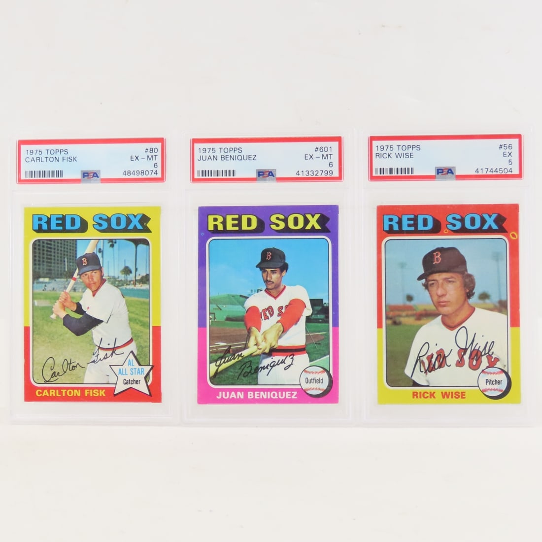 3 1975 Topps Red Sox PSA graded Baseball Cards: 3 1975 Topps Red Sox PSA graded Baseball Cards - 1975 Topps Carlton Fisk #80 PSA 6 EX-MT, 1975 Topps Juan Beniquez #601 PSA 6 EX-MT, 1975 Topps Rick Wise #56 PSA 5 EX. Lot Size 6x4x2" 1 LB All