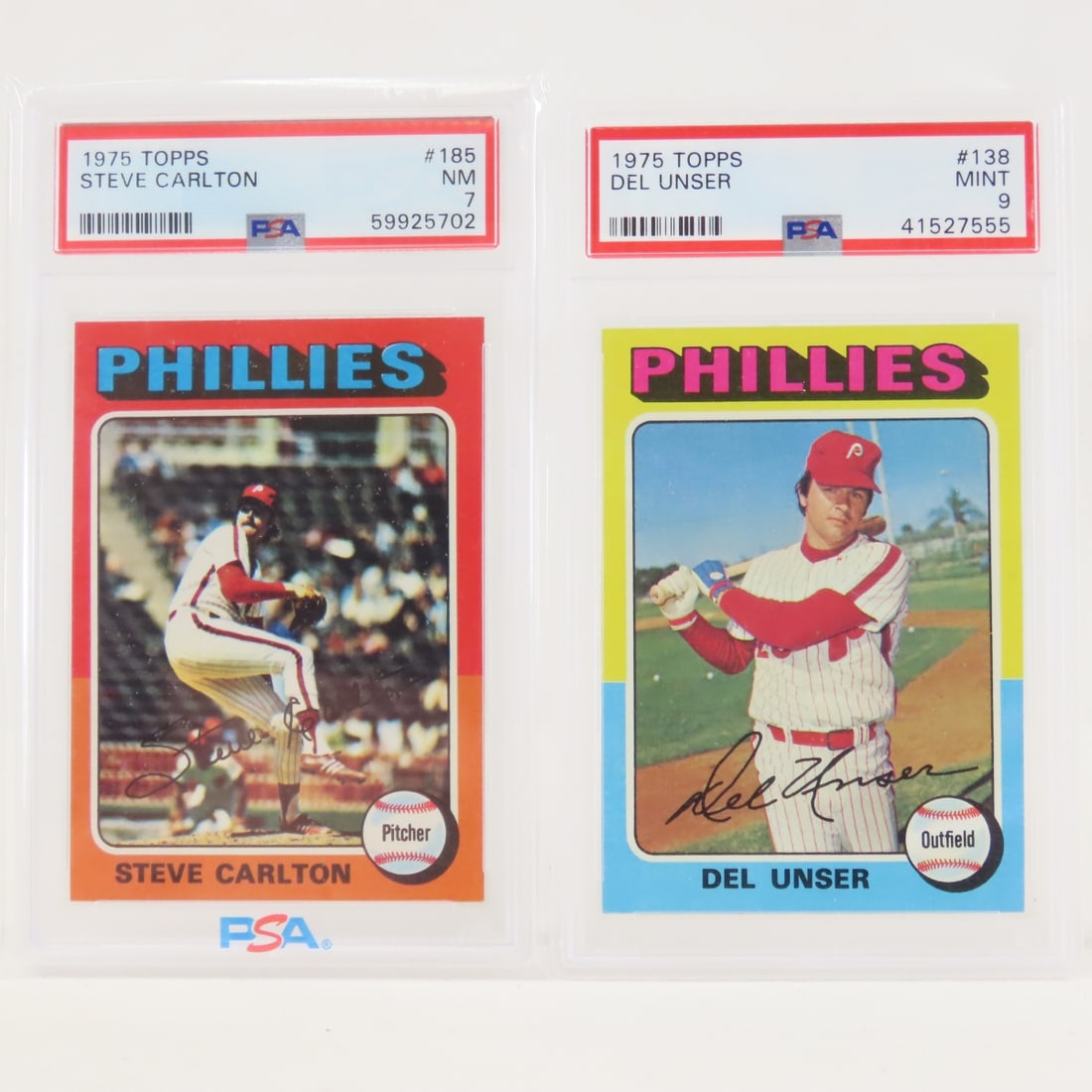 2 1975 Topps Phillies PSA graded Baseball Cards: 2 1975 Topps Phillies PSA graded Baseball Cards - 1975 Topps Steve Carlton #185 PSA 7 NM & 1975 Topps Del Unser #138 PSA 9 Mint. Lot Size 6x4x2" 1 LB All information and photos are intended to be as