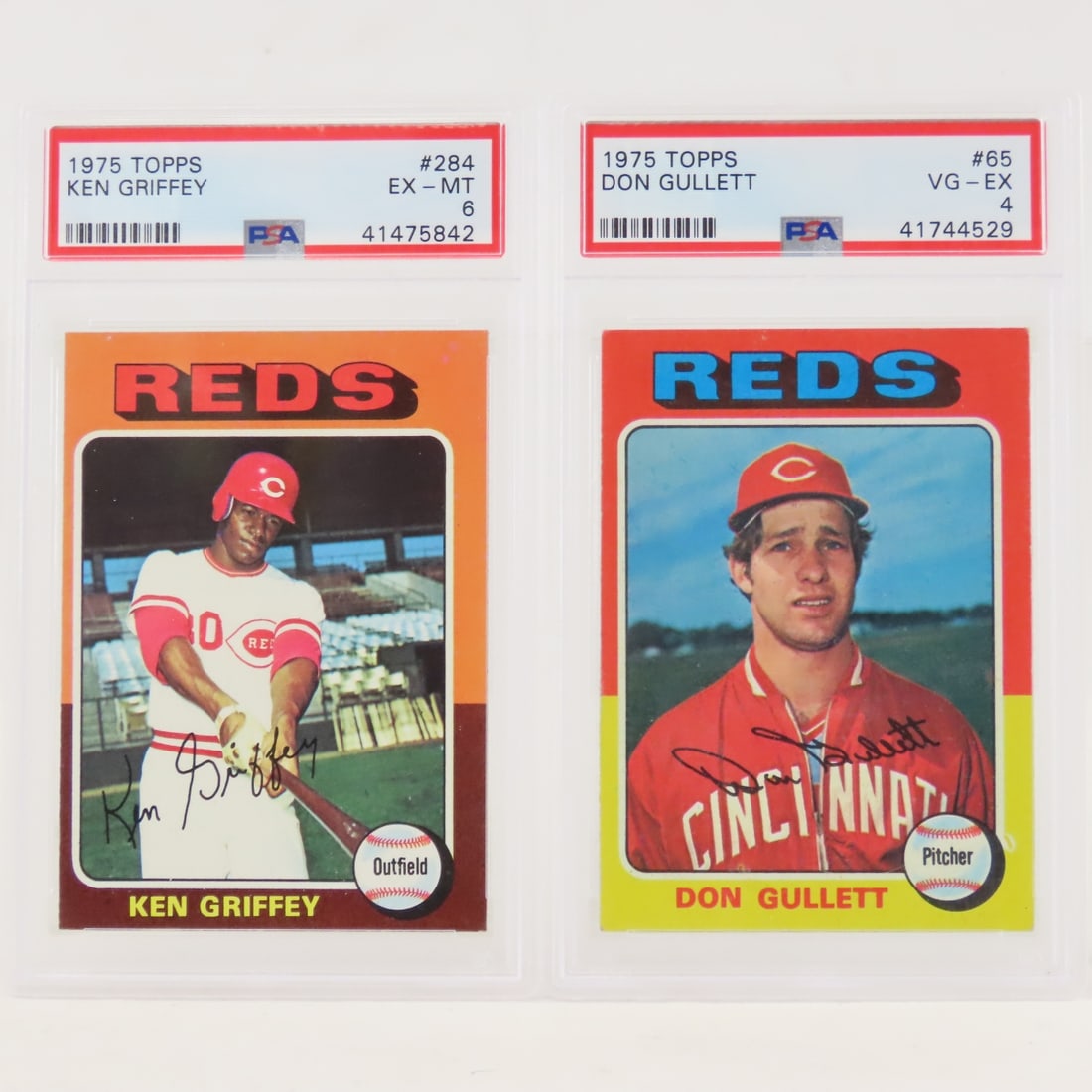 2 1975 Topps Reds PSA graded Baseball Cards: 2 1975 Topps Reds PSA graded Baseball Cards - 1975 Topps Ken Griffey #284 PSA 6 EX-MT & 1975 Topps Don Gullett #65 PSA 4 VG-EX Lot Size 6x4x2" 1 LB All information and photos are intended to be as