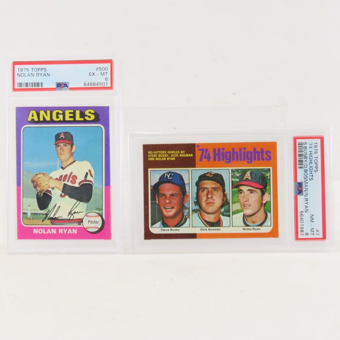 1975 Topps Nolan Ryan #500 PSA 6 EX-MT & #7 PSA 8: 1975 Topps Nolan Ryan #500 PSA 6 EX-MT & #7 PSA 8 - 1975 Topps Nolan Ryan #500 PSA 6 EX-MT & 1975 Topps '74 Highlights Steve Busby, Dick Bosman, & Nolan Ryan #7 PSA 8 NM-MT. Lot Size 6x4x2" 1 LB All