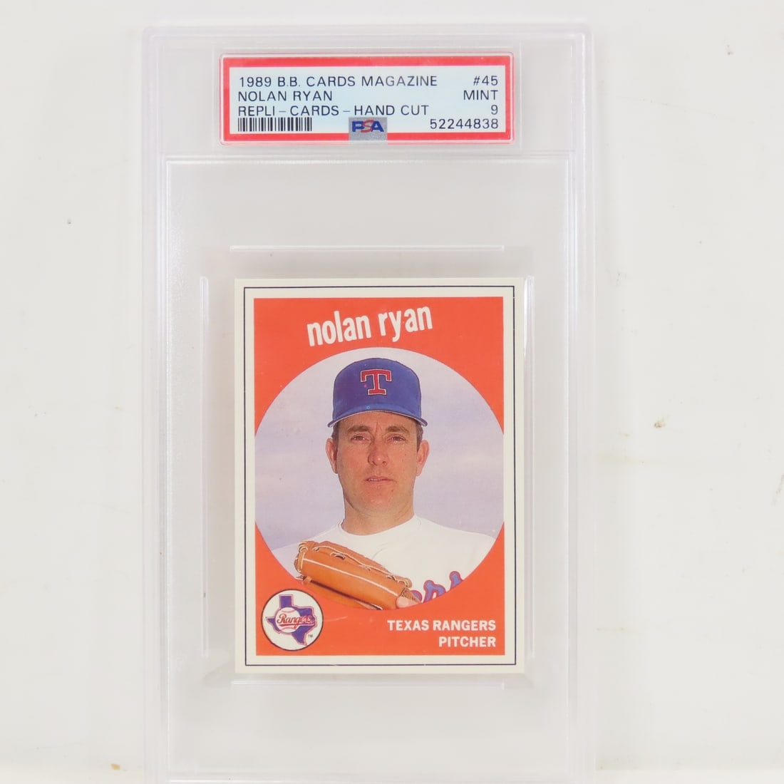 1989 B.B. Cards Magazine Nolan Ryan #45 PSA 9 Mint: 1989 B.B. Cards Magazine Nolan Ryan #45 PSA 9 Mint - Lot Size 8x5x1" 1 LB All information and photos are intended to be as accurate as possible, but errors are possible. No item may be returned or