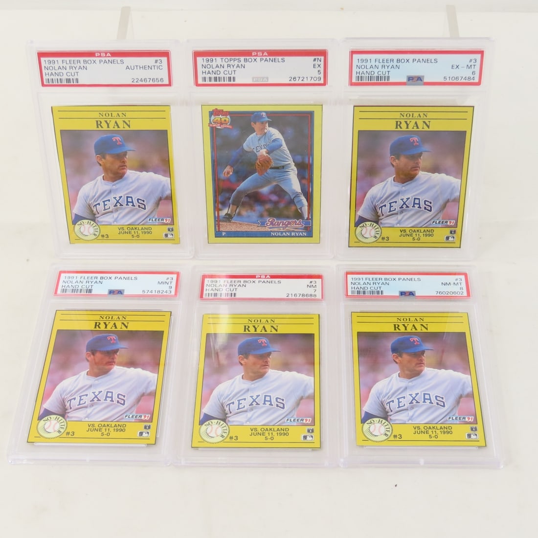 6 PSA graded 1991 Fleer Box Panels Nolan Ryan #3: 6 PSA graded 1991 Fleer Box Panels Nolan Ryan #3 - PSA Grades 9, 8, 7, 6, 5, & Authentic. Lot Size 5.5x3.5x1" 1 LB All information and photos are intended to be as accurate as possible, but errors