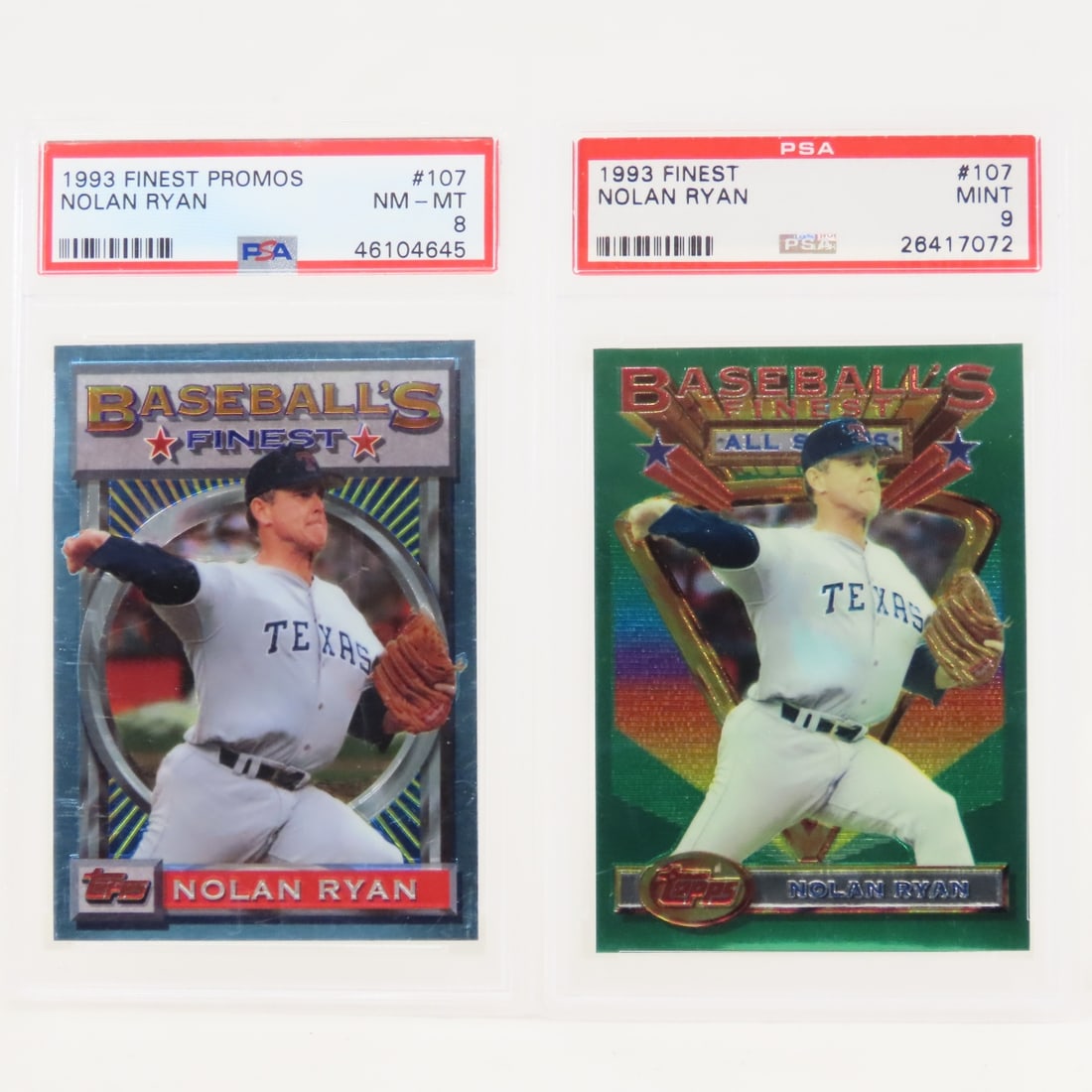 1993 Finest & Finest Promos Nolan Ryan #107 PSA: 1993 Finest & Finest Promos Nolan Ryan #107 PSA - 1993 Finest Promos Nolan Ryan #107 PSA 8 NM-MT, 1993 Finest Nolan Ryan #107 PSA 9 Mint. Lot Size 5.5x3.5x1" 1 LB All information and photos are