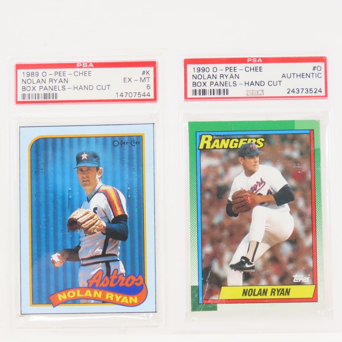 1989 & 1990 O-PEE-CHEE Box Panels Nolan Ryan PSA: 1989 & 1990 O-PEE-CHEE Box Panels Nolan Ryan PSA - 1989 O-PEE-CHEE Box Panels Nolan Ryan #K PSA 6 EX-MT & 1990 O-PEE-CHEE Nolan Ryan Box Panels #O PSA Authentic Lot Size 5.5x3.5x1" 1 LB All