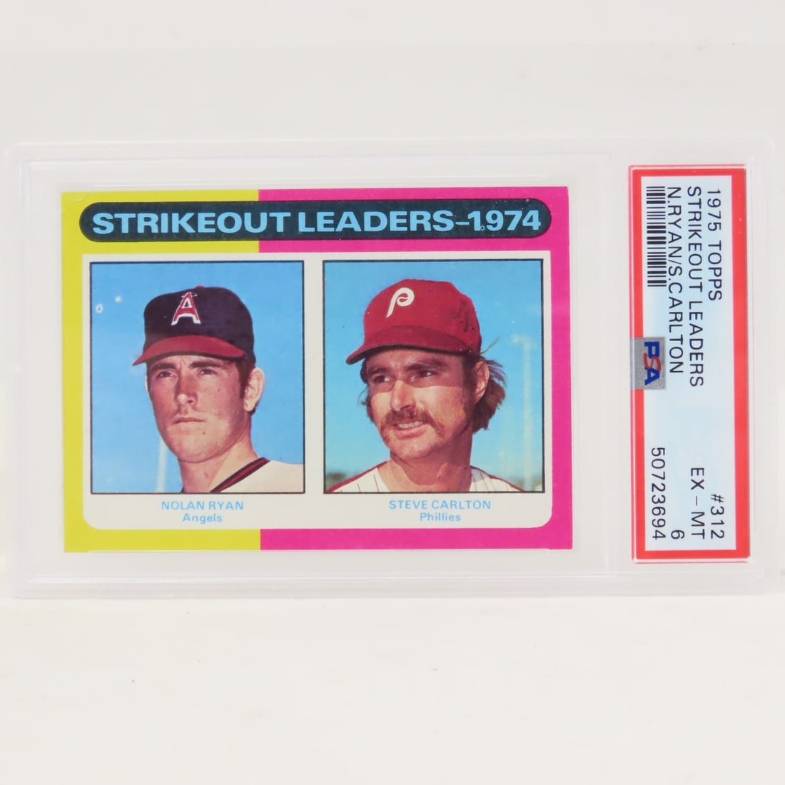 1975 Topps Strikeout Leaders #312 PSA 6 EX-MT: 1975 Topps Strikeout Leaders #312 PSA 6 EX-MT - Nolan Ryan & Steve Carlton. Lot Size 5.5x3.5x1" 1 LB All information and photos are intended to be as accurate as possible, but errors are possible. No