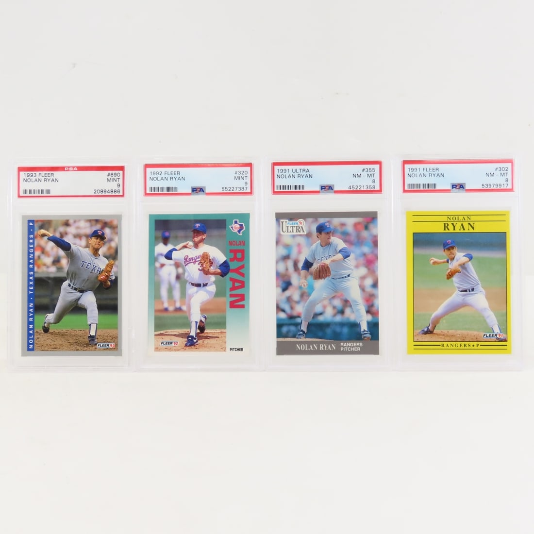 4 PSA Graded Fleer Nolan Ryan Cards 1991-1993: 4 PSA Graded Fleer Nolan Ryan Cards 1991-1993 - 1991 Fleer #302 PSA 8, 1991 Fleer Ultra #355 PSA 8 NM-MT, 1992 Fleer #320 PSA 9 Mint, 1993 Fleer #690 Mint 9. Lot Size 5.5x3.5x2" 1 LB All information