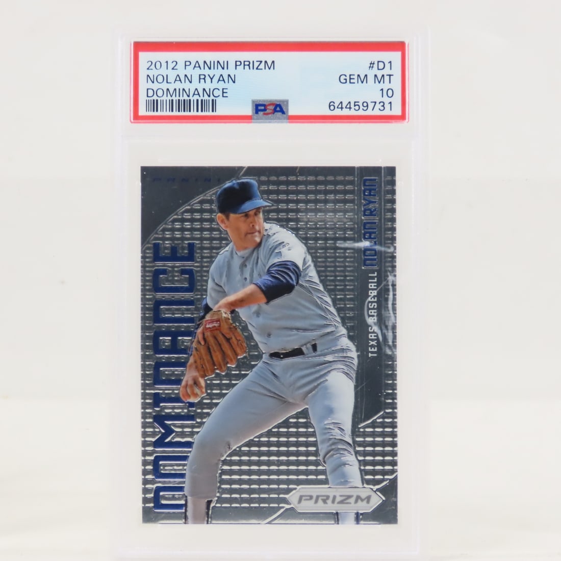 2012 Panini Prism Nolan Ryan Dominance #D1 PSA 10: 2012 Panini Prism Nolan Ryan Dominance #D1 PSA 10 - Lot Size 5.5x3.5x2" 1 LB All information and photos are intended to be as accurate as possible, but errors are possible. No item may be returned or