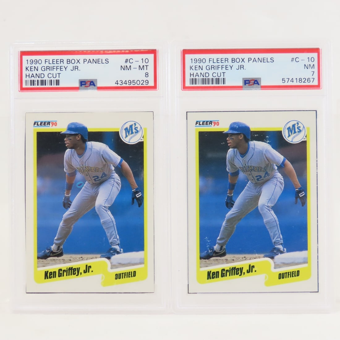 2 1990 Fleer Box Panels Ken Griffey Jr. #C-10 PSA: 2 1990 Fleer Box Panels Ken Griffey Jr. #C-10 PSA - PSA 8 NM-MT & PSA 7 NM. Lot Size 5.5x3.5x2" 1 LB All information and photos are intended to be as accurate as possible, but errors are possible. No