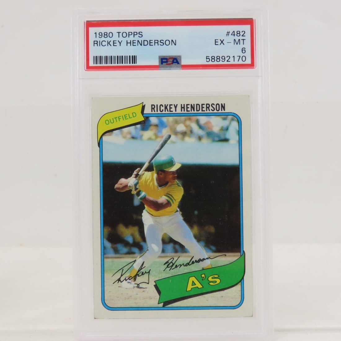 1980 Topps Rickey Henderson #482 PSA 6 EX-MT RC: 1980 Topps Rickey Henderson #482 PSA 6 EX-MT RC - Lot Size 5.5x3.5x1" 1 LB All information and photos are intended to be as accurate as possible, but errors are possible. No item may be returned or re