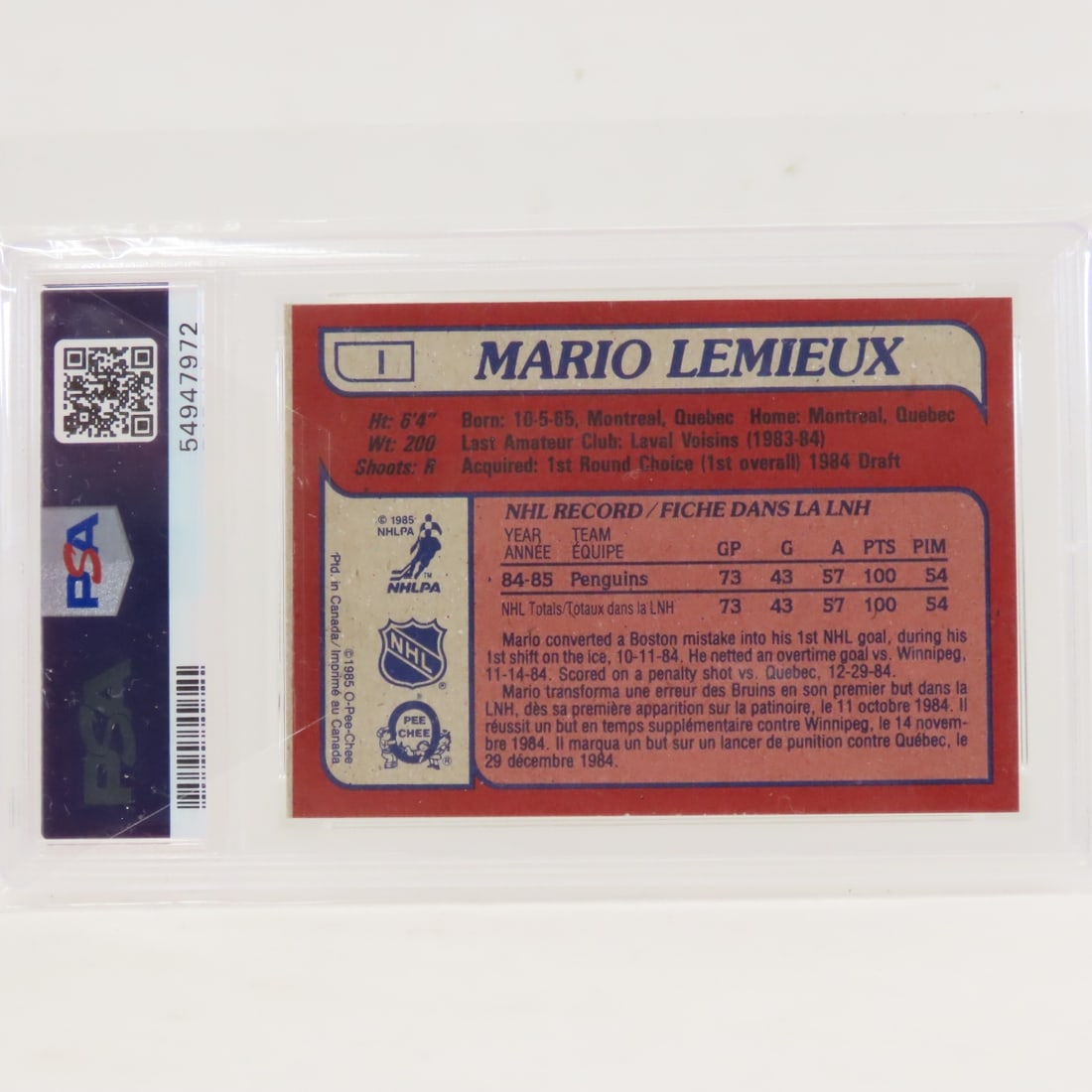 1985 O-PEE-CHEE Box Bottoms Mario Lemieux #1 PSA 7 - 3