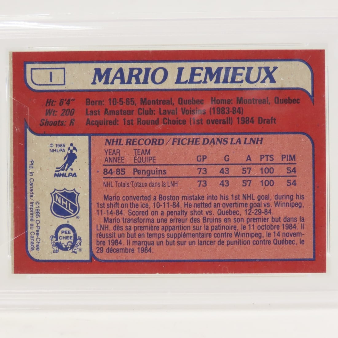 1985 O-PEE-CHEE Box Bottoms Mario Lemieux #1 PSA 7 - 4