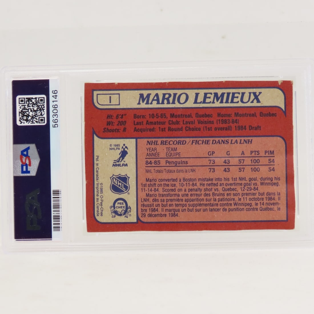 1985 O-PEE-CHEE Box Bottoms Mario Lemieux #1 PSA 4 - 3