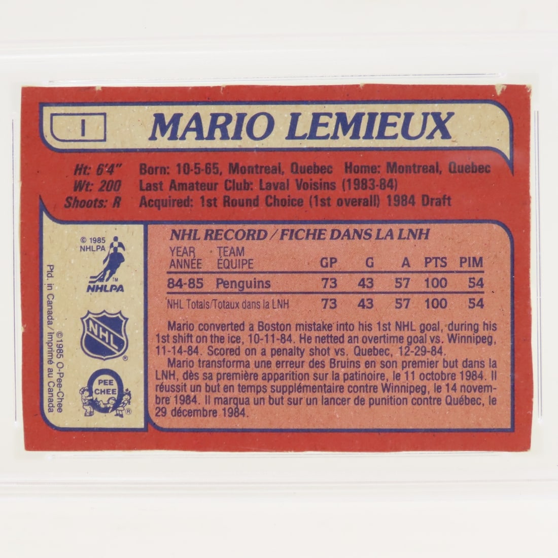 1985 O-PEE-CHEE Box Bottoms Mario Lemieux #1 PSA 4 - 4